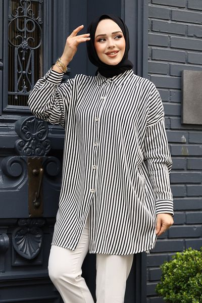 Neva Style Striped Black Hijab Tunic 20411S