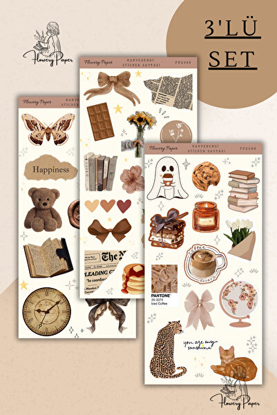 Flowery Paper 3'lü Kahverengi Aesthetic Sticker Sayfası - 39 adet,Defter,ajan...