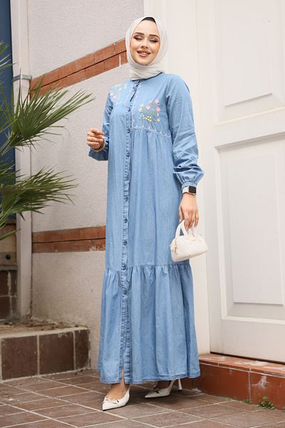 Neva Style Rochie de denim hijab albastră cu nasturi 19147M