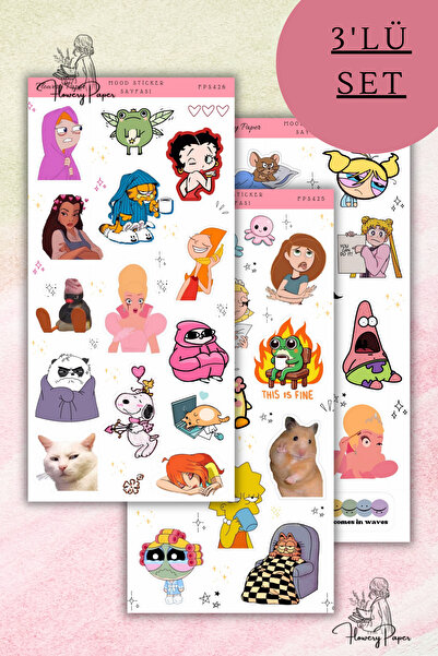 Flowery Paper 3'lü Mood Sticker Sayfası -39 adet, Defter,ajanda ,journal,scra...