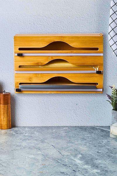 Woodcept Bamboo 3-Pack Cling Film and Foil Cutter Organizer, Stretch Foil Dispenser