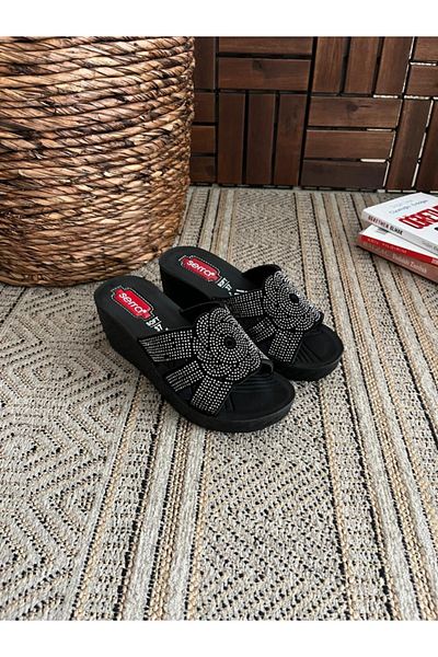 Behtah Kundura High Women's Stone Wedge Heel Comfort Slippers Orthopedic Daily Slippers Comfortable Stylish Heeled Slippers
