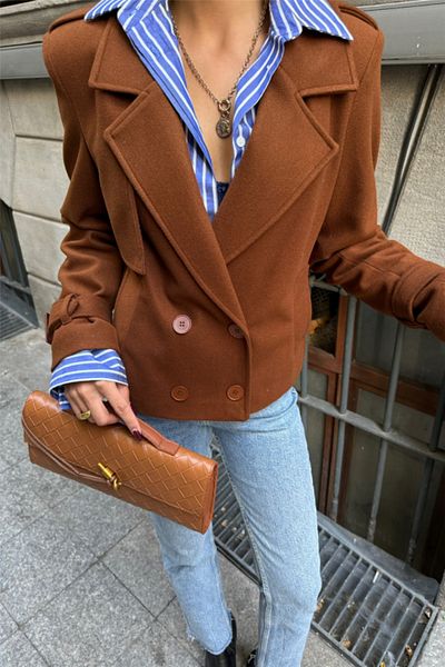modaserdem    Kaşe Crop Jacket 4 Buttons - Brown