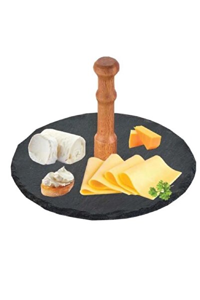 Taboo Slate Stone Presentation Tray 20 cm Round Presentation Tray Plate with Wooden Handle