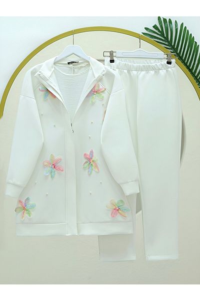 Modamorfo Organza Tulle Floral Pearl Detailed Zippered Scuba Suit -White