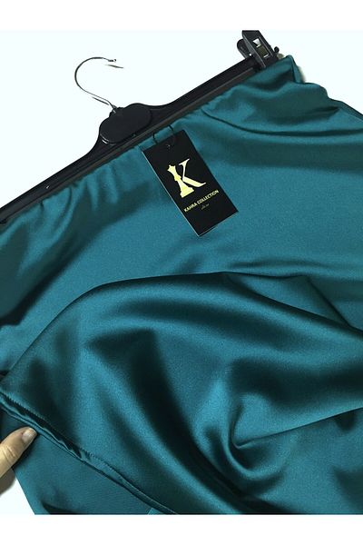 Kahra Collection Fusta din satin de 82 cm de lungime Midi Petrol Fusta din satin din țesătură Tok