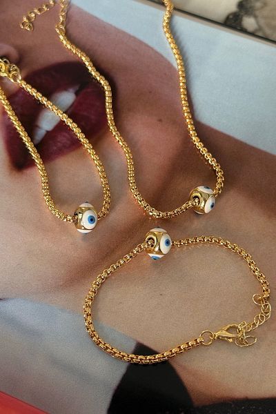 Trendy Butik Enameled Evil Eye Necklace, Bracelet, Anklet Set