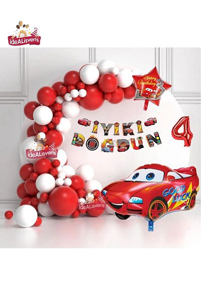 BKMC PARTY 36 cm Age Red Car with Banner White Red Concept Birthday Party Set with Star Foil Balloons