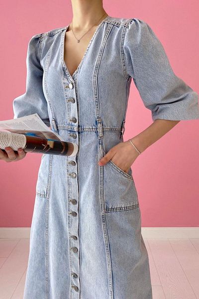modaserdem Snow Wash Balloon Sleeve Denim Dress