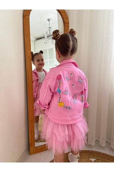 Çamur Kids Pink Denim Jacket with Sequins - Stretchy and Sparkling Style!