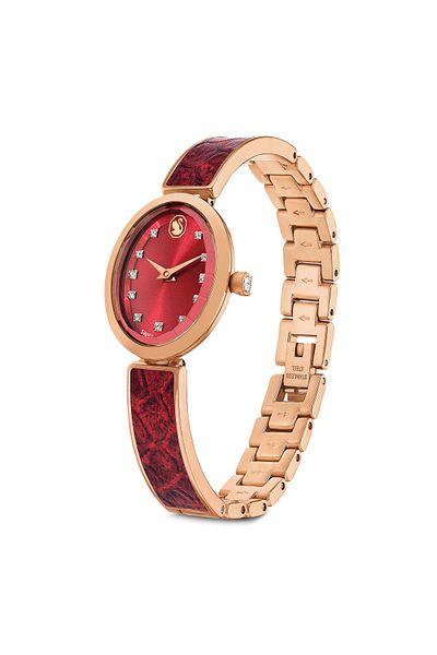 Swarovski Crystal Rock Oval Watch, Swiss Made, Metal Bracelet, Red, Rose Gold Color Surface