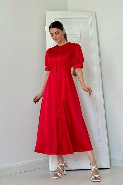 Miracle Omni Red Button Closure Satin Dress