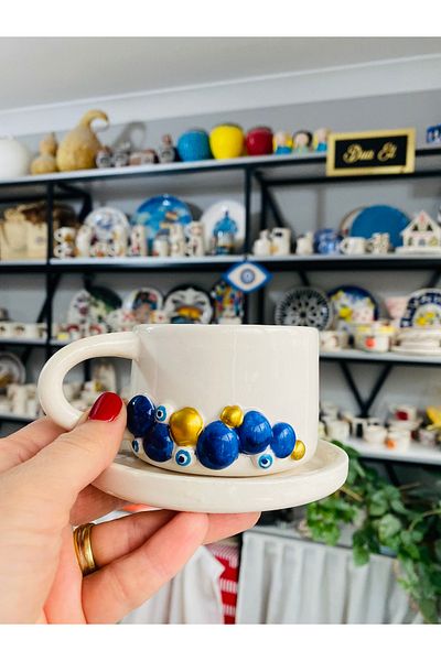 Banuart Blue Beads Blue Beaded Handmade Ceramic Cup Mug