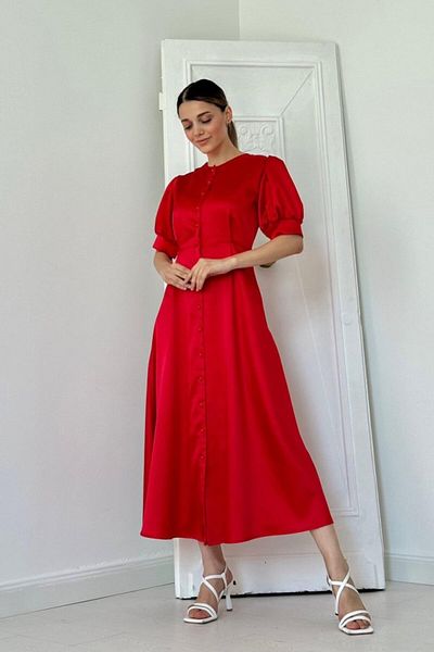 Miracle Omni Red Button Closure Satin Dress