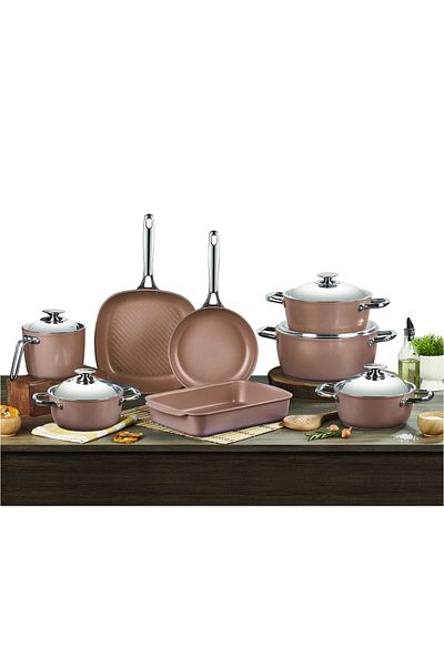SAFLON Ceramic Cookware Set, Consisting Of 13 Pieces. Pink