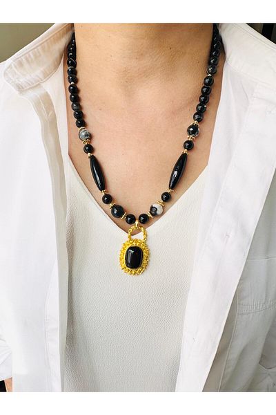 DEVİ fashion Vintage Black Natural Stone Necklace 55 cm