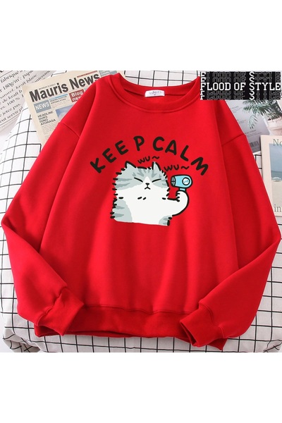 Flood Of Style Хип-хоп Хараджуку Винтидж стил Забавна котка Сладко червено