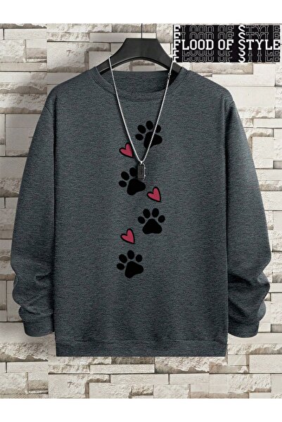 Flood Of Style Hip Hop Harajuku Vintage στυλ Εκτύπωση με πόδια σκύλου αγάπη αστεία εκτύπωση Γκρι