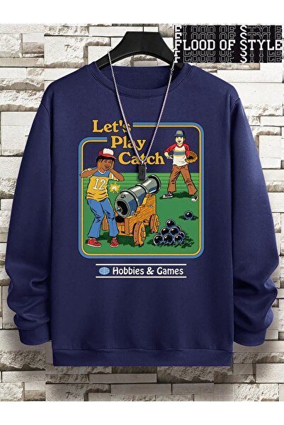 Flood Of Style Hip Hop Harajuku Vintage Style Let's Play Catch Hobbies Games Navy Blue