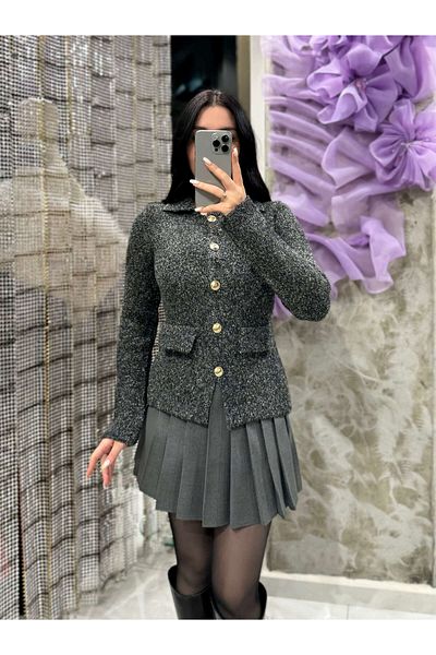 missswans Mareniko Polo Collar Gold Button Pocket Detailed Knitwear Jacket Cardigan - Anthracite