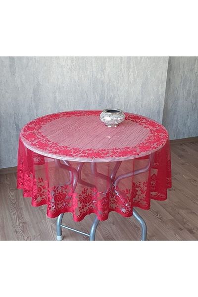 enesçeyiz Kdk Knitted Tulle Rose Pattern Round Tablecloth (RED) 160×0 Cm