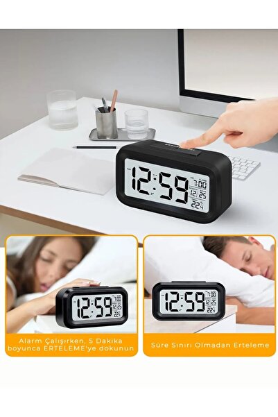 OnlyTech Dijital Alarmlı Masa Saati Led Ekran Pilli Çalar Saat siyah