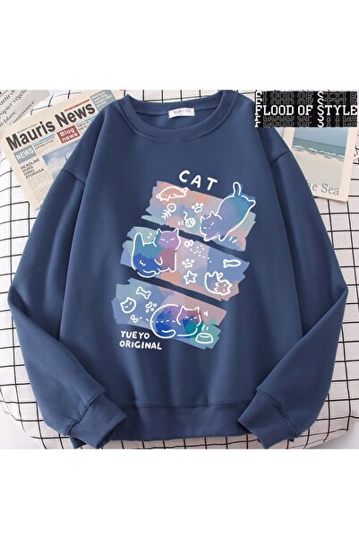 Flood Of Style Хіп-хоп Харадзюку Вінтажний стиль Веселий пустотливий кіт Синій