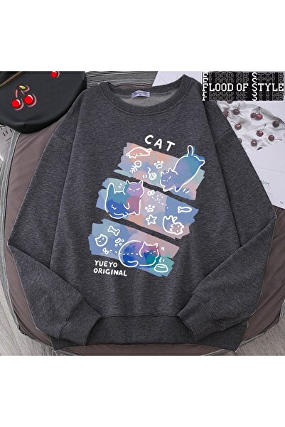 Flood Of Style هيب هوب هاراجوكو نمط عتيق مرح قطة شريرة رمادي