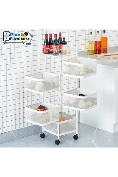 PixelsFurniture Pixel Furniture Multi-Tier Kitchen Storage Shelves, 5-Tier Rotating Steel Shelf, White Square