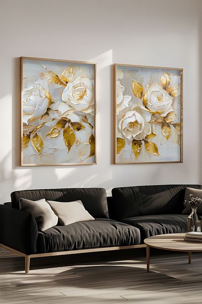 STARYUNA Painting with Wooden Frame, Set of 2 Oil Effect White Rose Painting with Wooden Frame Yuna79