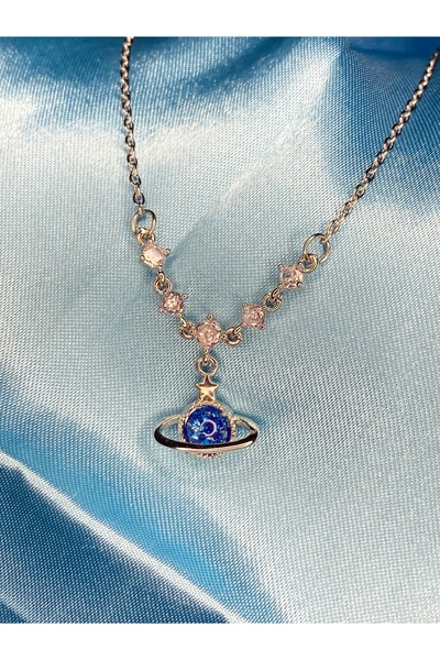 TUGASAN ONLİNE قلادة من الفولاذ 316L على شكل كوكب أزرق من حجر الزركون