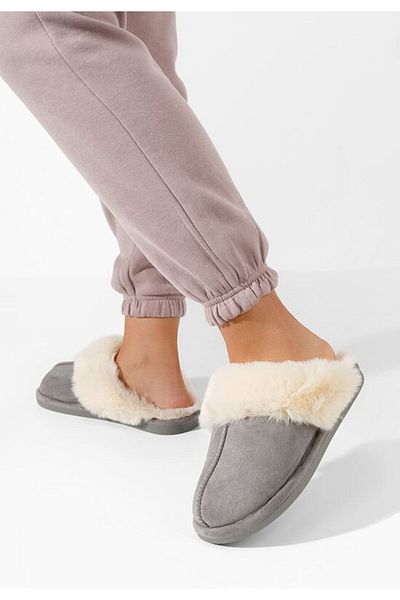 B T Shoes Papuci de casa pufosi gri Joka