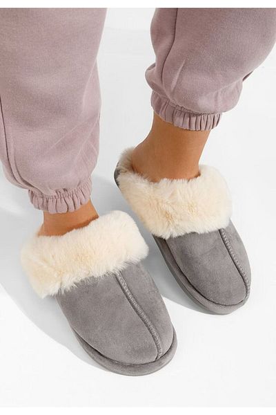 B T Shoes Papuci de casa pufosi gri Joka