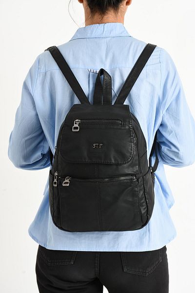yuzuco Washed Leather Backpack Black (Model: 571-9-11A)