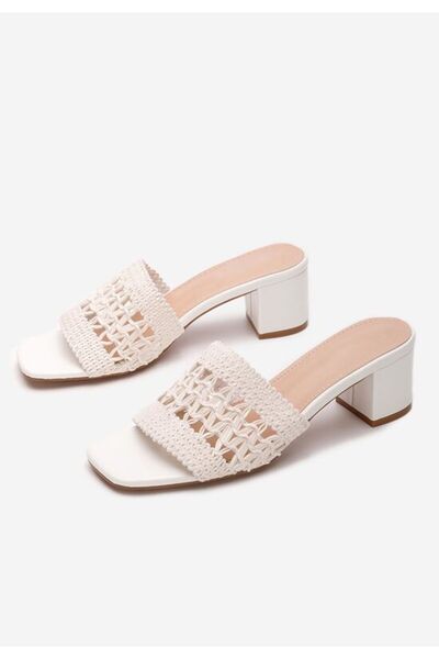 B T Shoes Meteia white chunky heel slippers