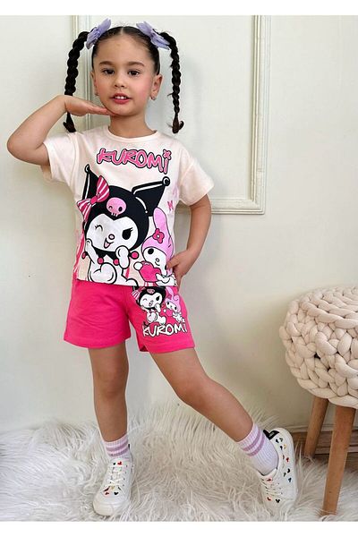LİLLYPİCCA Cute Cat Patterned Girl's Pocket Shorts Suit (Size Table Available in Images)