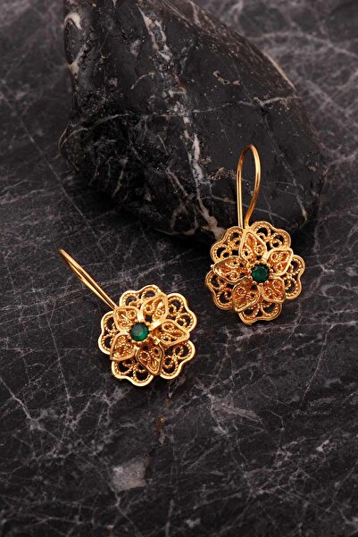 Sümer Telkari Kök Zümrüt Taşlı Telkari Elişi Altın Kaplama Gümüş Çiçek Küpe 7251