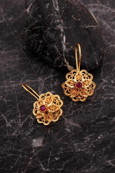 Sümer Telkari Kök Yakut Taşlı Telkari Elişi Altın Kaplama Gümüş Çiçek Küpe 7253