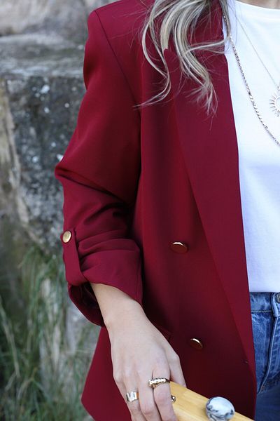 bytugcekaya Burgundy Sleeve Layered Gold Button Blazer
