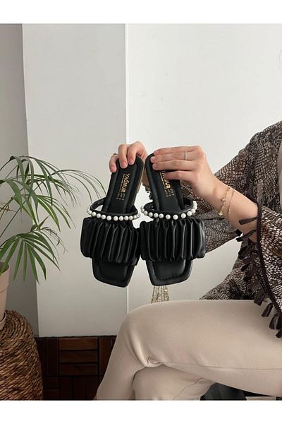 Behtah Kundura Papuci de damă, cu șnur, perle negre, confortabili, zilnic