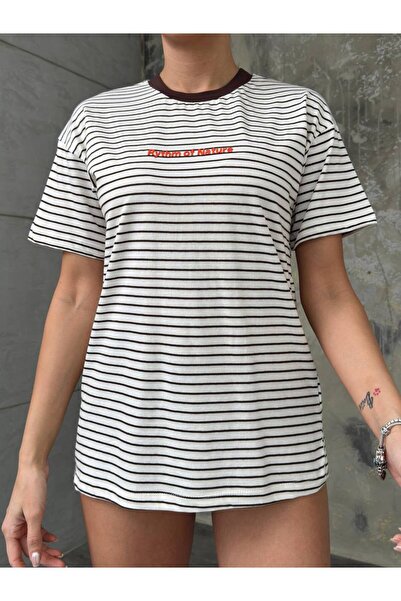 Molly Nelly Ženska smeđa Prugasto sa štampanjem Pamučni džersej T-shirt