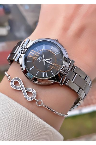 Q&Q Brand Black Color Steel Band Women's Wrist Watch - Bracelet Gift