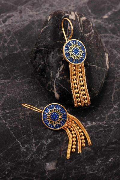 Sümer Telkari Anadolu Motifli Gümüş Altın Kaplama Midyat Hasırı Mineli Küpe 7254