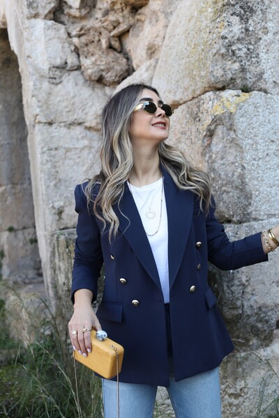 bytugcekaya Lacivert Prive Düğmeli Kruvaze Blazer