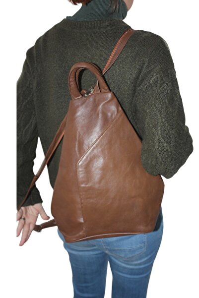MEBES Women's Genuine Leather Backpack and Shoulder Bag, Vase Model, Light Brown