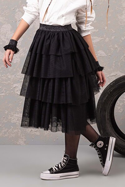 ww waka waka kids store Layered Tulle Long Girls Skirt - Black