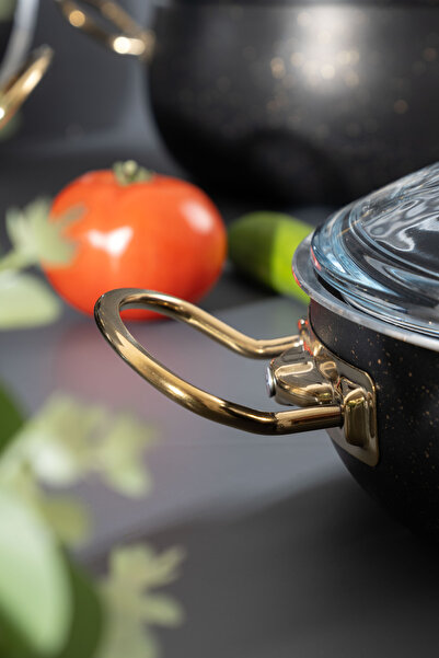 Skygo 10 Parça Siyah Granit Tencere Seti – Gold Kulp Tasarımıyla Şıklık ve Dayanıklılık