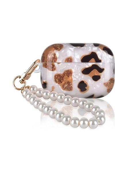 Fibaks AirPods 4Th Generation 2024 Compatible Leopard Patterned Pearl Strap Headphone Case with Handle
