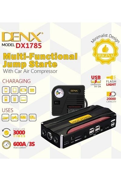 Denx بطارية محمولة DX1785 مع اشتراك سيارة بقوة 20000 مللي أمبير + منفاخ هواء متعدد الاستخدامات