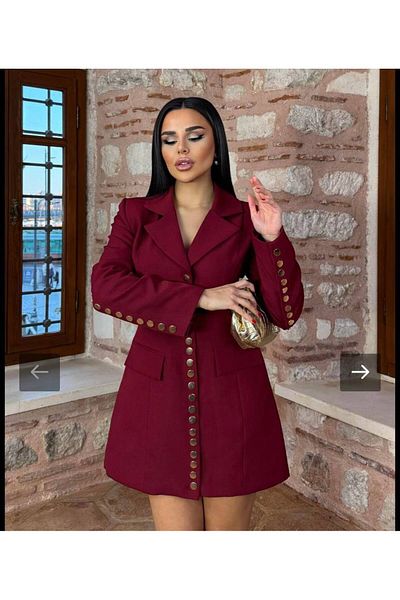 stilsepeti Women's Premium Artizan Blazer Jacket Dress - Detailed Burgundy Gold Kd- 1000423020